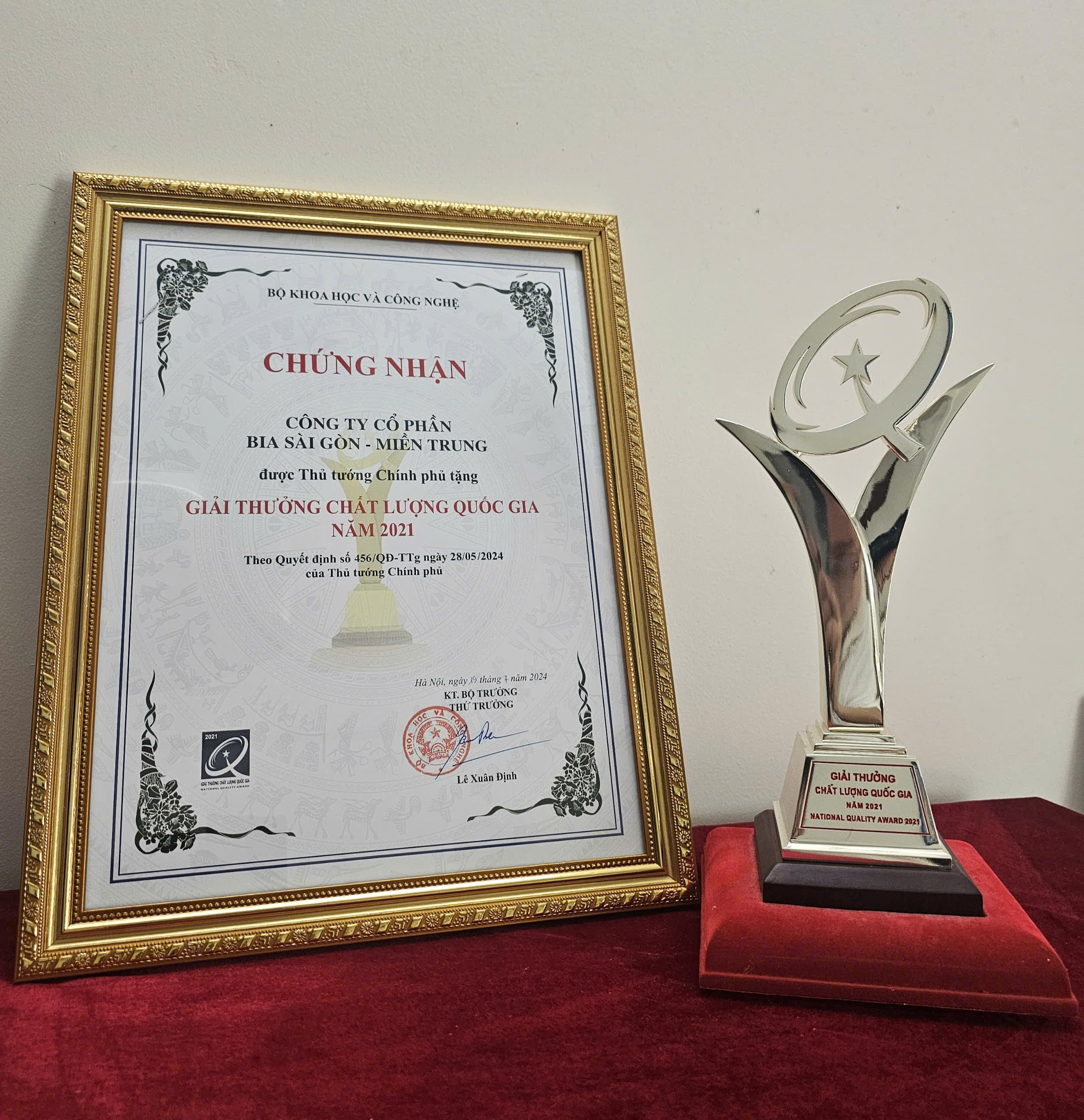 Công ty CP Bia Sài Gòn – Miền Trung đạt Giải Thưởng Chất Lượng Quốc Gia